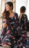 Designer Georgette gown with organza duppatta, printed net, three-quarter sleeves. Indian bridal wear on model, multiple sizes available