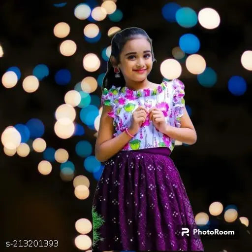 Kids baby girls Fablus lehenga choli set, satin top with short sleeves, rayon lehenga with embroidered pattern, stitched construction, size options available from 2-14 years, Indian traditional wear on display