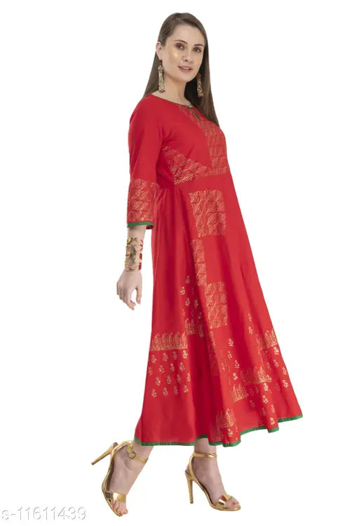 Red and green embroidered cotton anarkali kurti
