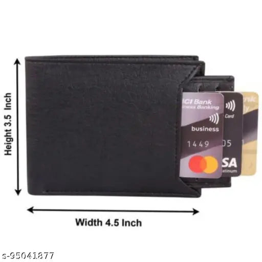 Black synthetic trifold wallet, classic design with 2 card slots, cash compartment, and coin pouch. Ideal for men's daily essentials. Made in India