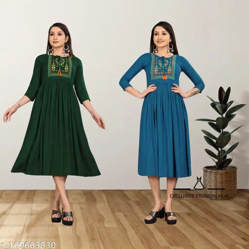 Viscose rayon embroidered kurti for women, three-quarter sleeves, S-XXL. Indian designer ethnic wear for functions, weddings, parties