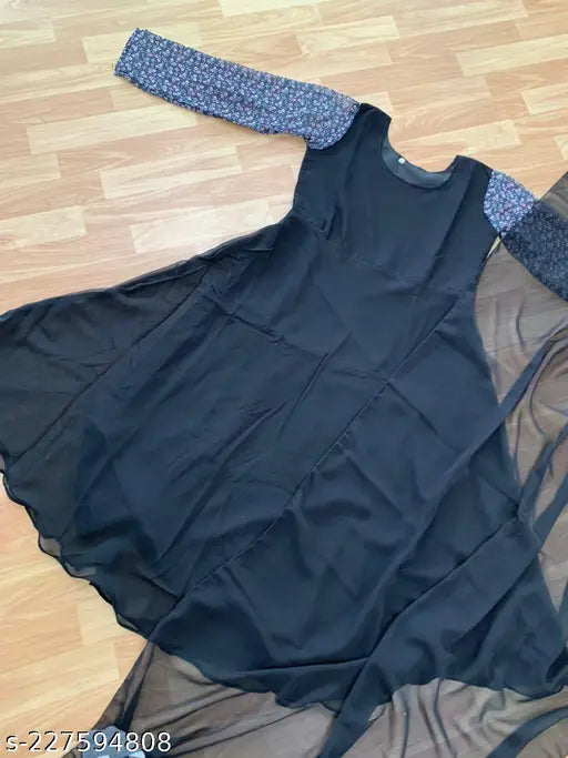 Georgette printed long gown with dupatta, solid net design, M-XXXL sizes, Indian origin