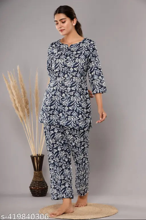 Cotton printed pyjamas for women, Nunchii Night Suits - comfortable & relaxed fit, made in India