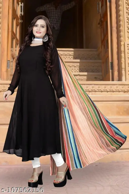 Black Georgette three-quarter sleeve dress, solid design for women's XL, L, XXL fashion, India origin