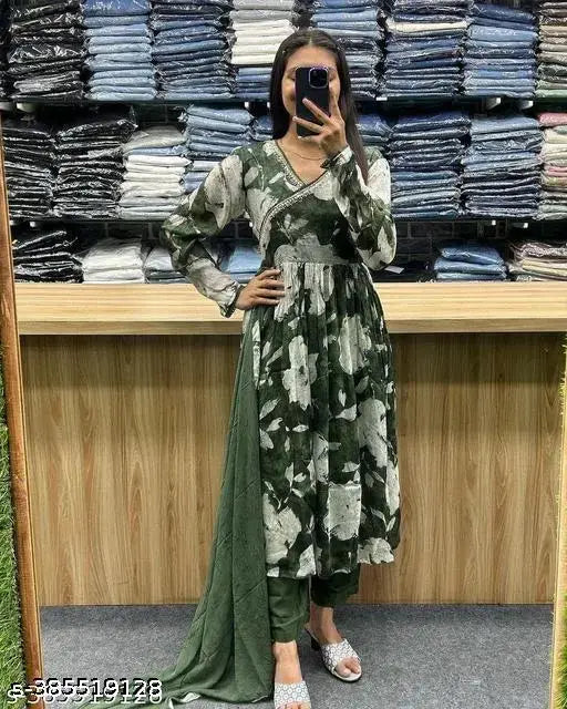 Green and grey camouflage printed kameez and pants with a long dupatta