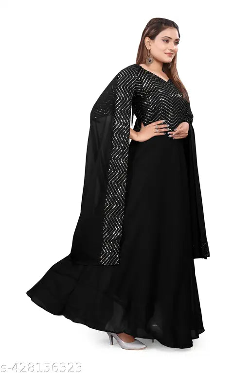 Embellished Georgette Anarkali dress in black, VIDHI BLACK full sleeve Indian fashion with square work embroidery, size options available