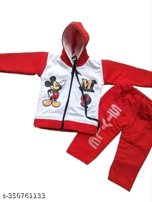 Gray & red wool printed net hood with pant for infants (India)