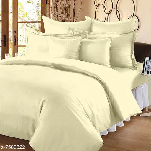 Ivory striped cotton bedsheet set, 300TC quality with 2 pillow covers, King size from Jinayas, made in India