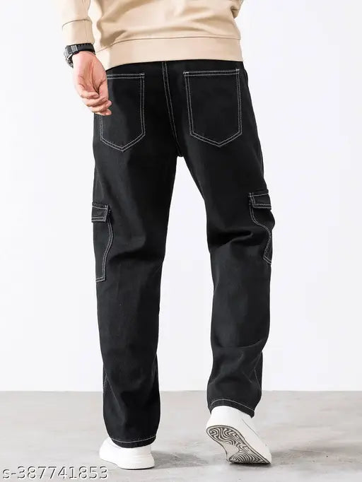 Men's six pocket blue jeans with black zippers and white soled sneakers in background