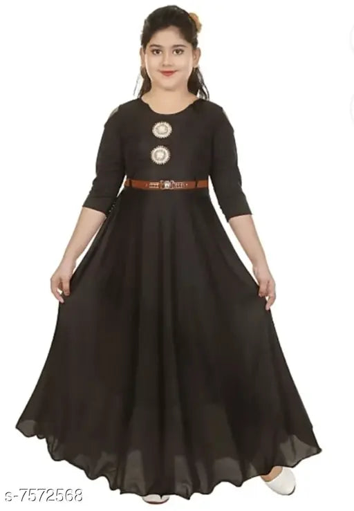 Girls black cotton blend ethnic gown, single pack featuring three-quarter sleeves and solid design for party wear, sizes range from 2-3 years to 9-10 years, Indian origin