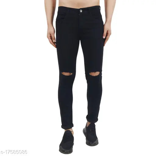 Black denim men's slim fit jeans with knee cut from PRJ IN STYLE, size 28-36 for waist 28in-36in, length 41in
