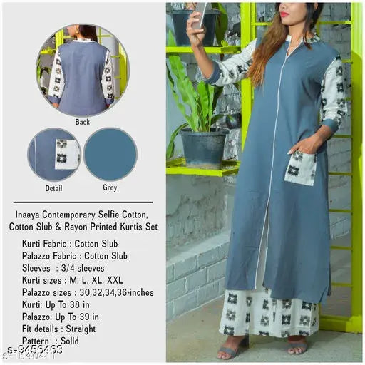 A-line printed long kurti with palazzos in net pattern, three-quarter sleeves for women, Indian ethnic wear