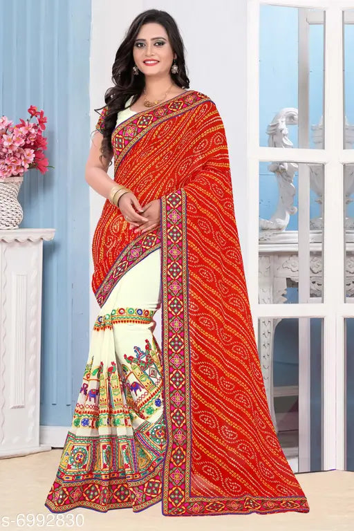 Red and white traditional saree with elaborate embroidery and bandhani design