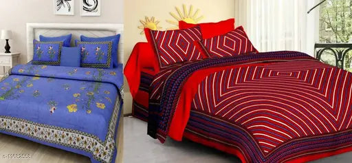 Rajasthani Jaipuri printed cotton double bed sheets combo pack, featuring 4 pillow covers, queen size (93x83in), from India