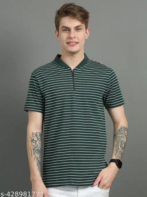 Black cotton striped polo t-shirt, men's horizontal stripes regular fit by UrGear. Short sleeves, Henley neck design. Available in S, M, L, XL, XXL sizes. Made in India