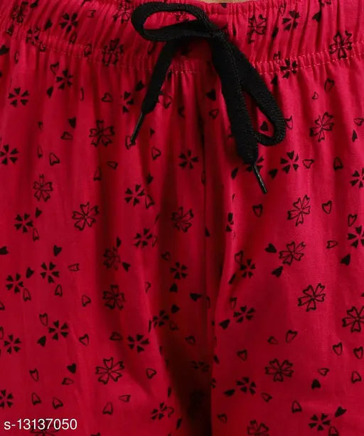Printed red cotton women's pyjamas, black drawstring waistband