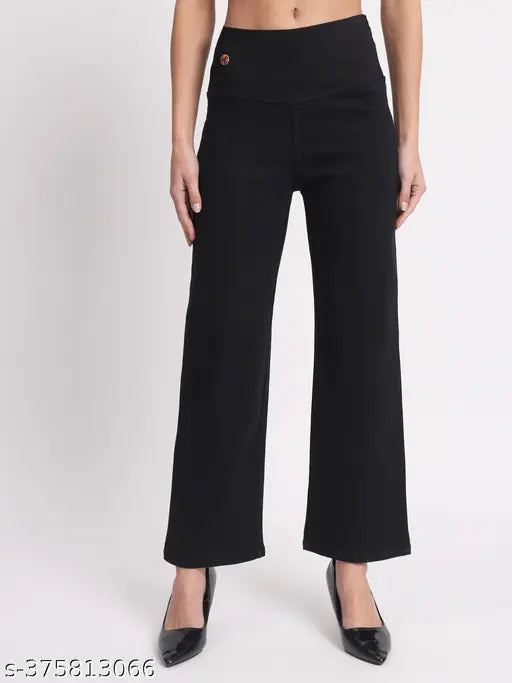 Solid black denim jeggings for women, stretchable high waist elastic closer with straight fit from AngelFab