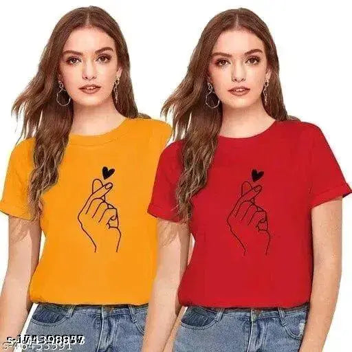 Red cotton chutki t-shirts pack of 2: red with mustard print, short sleeves, regular fit for women/girls