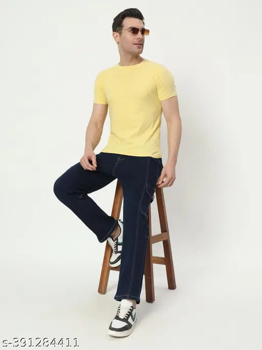 Denim mid-rise stretchable jeans for men, solid navy blue color, straight fit, size 32 (waist 32in, length 38in), made in India