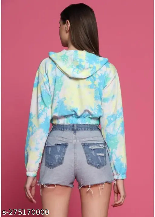 Stretchable tie-dye printed western short hoodie for women, casual travel outfit in vibrant Lycra