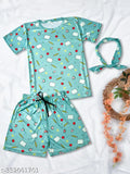 Soft silk Quirky Print Night Suit Set (3 pieces: T-shirt, Pajamas, Shorts) with drawstring elastic waistband, India origin