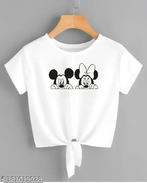 White Lycra short sleeves shirt with Mickey Mouse & Minnie Mouse printed, featuring solid net pattern