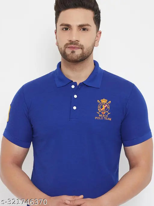 Blue polyester men's polo t-shirt with embroidered club logo, short sleeves and a chest size of 40in (M). On a model wearing casual pants