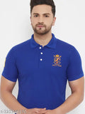 Blue polyester men's polo t-shirt with embroidered club logo, short sleeves and a chest size of 40in (M). On a model wearing casual pants