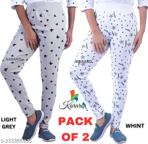 Women's stylish cotton blend mixed print jeggings (pack of 2), trendy and lightweight fashion essential