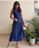 The image shows a woman in a sleeveless kurti with a straight cut. It's a fashionable long-length tunic, suitable for a regular fit woman