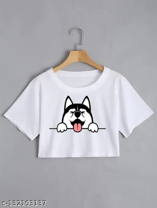 Cotton blend printed crop top for women, short sleeves, size S-XXL. Close-up on vibrant design. Made in India