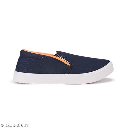 Dark blue, white rubber soles sneaker, canvas upper with orange trim