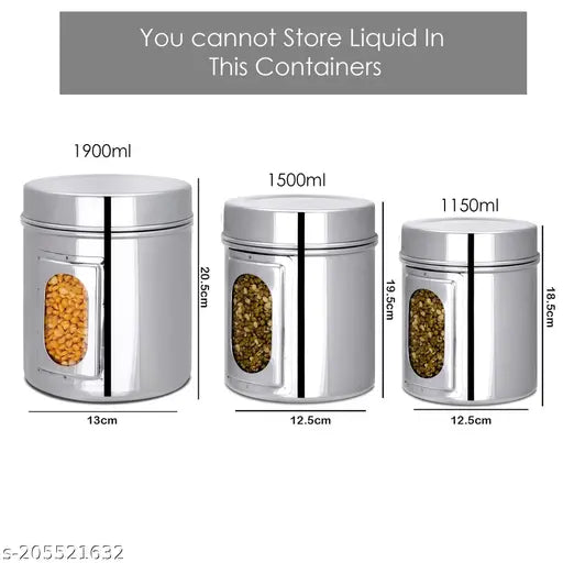 Transparent stainless steel kitchen canister set, with three containers of 11.5, 15 and 19 liters