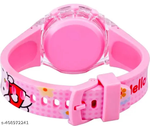 Pink digital watch with glowing light and cartoon design, intended for kids or girls