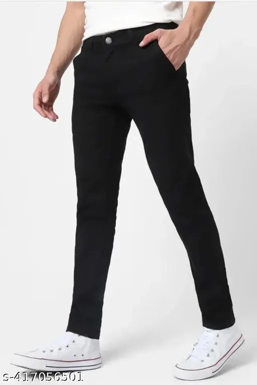 Cotton men's black regular jeans by Comfy Top of the World, affordable mid-rise slim fit with sizes 28, 30, 32 (w/ 28in waist, 40in length, 35in hip; 30in waist, 40in length, 37in hip; 32in waist, 40in length, 39in hip) - India origin