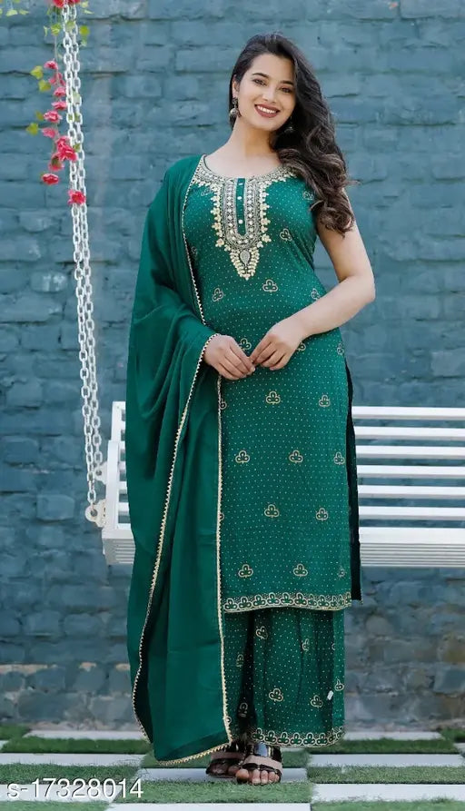 Green rayon kurta set with sharara, golden embroidery details