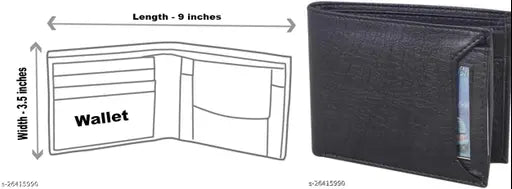 Attractive Men Black Leather Bi-Fold Wallet, 4 compartments, free size (12cm x 10cm), high-quality artificial leather with coin pocket and ID slot