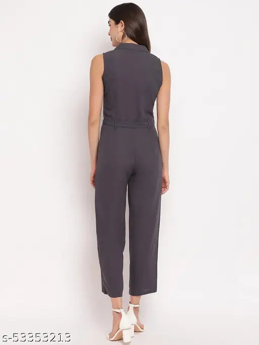 Grey polyester sleeveless Mayra women's partywear jumpsuit on mannequin for fashion events