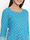 Women's rayon anarkali kurta in blue with embroidered print, long sleeves, crew neck, side slit, knee length