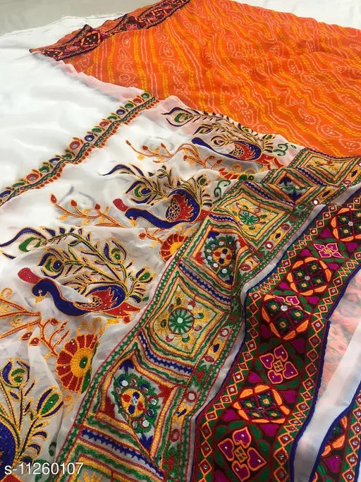 Red and orange embroidered saree with intricate designs