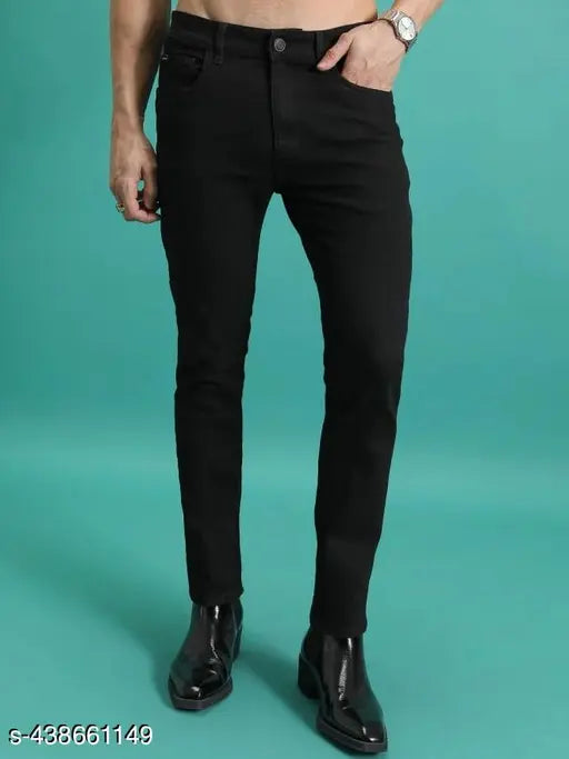 Fashionable, trendy, stylish men's slim jeans in cotton with a black plain finish