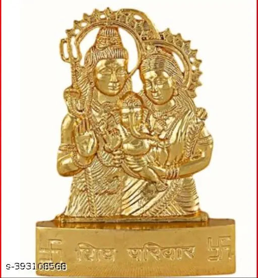 Gold-plated Haridwar divine metal Shiv parivar idol, 12 cm x 6 cm x 3 cm, Indian temple decor for car dashboard or home