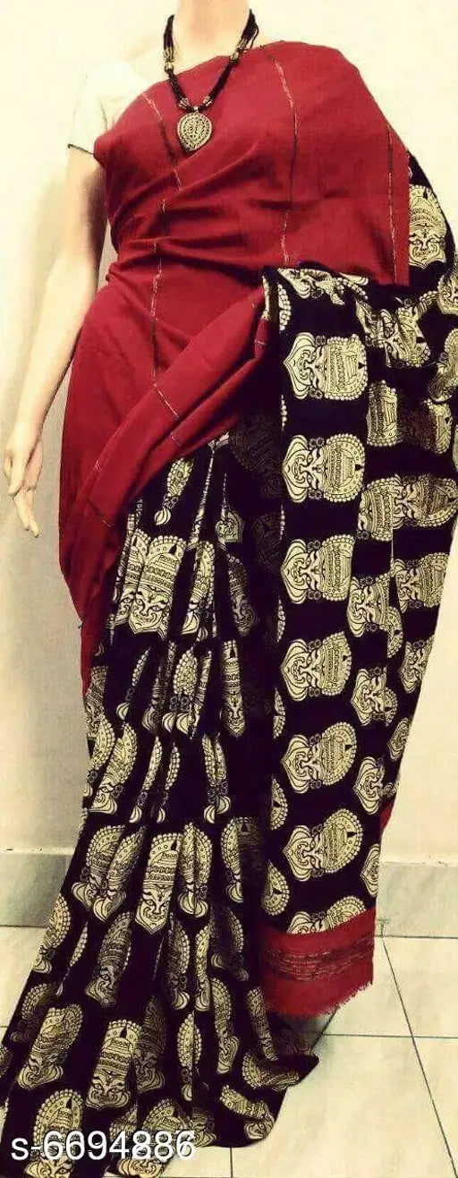 Red saree with black border, traditional pallu, cotton material