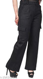 Black high-rise cargo pants with slanted inset pocket, patch with flap, straight fit, stretchable, relaxed, casual and formal wear