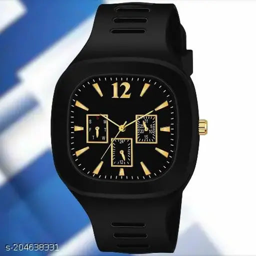 Black and yellow square face watch with white numbers