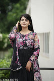 Black Georgette digital print gown with Dupatta set, elegant long-sleeved Indian fashion on mannequin
