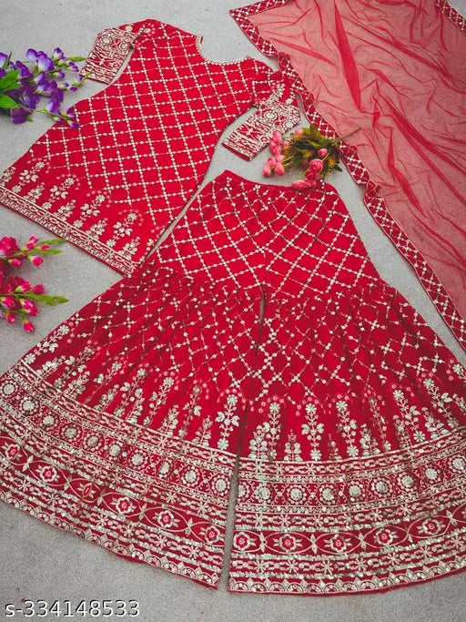 Red embroidered sharara kurta set with dupatta for festive party wear