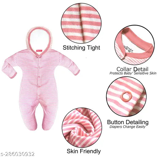 Pink striped cotton full-sleeve hooded footie pajamas, zipper closure