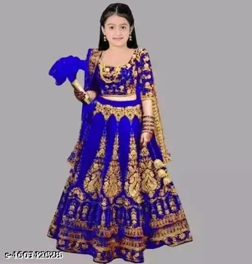 Embroidered velvet kids legha choli with net dupatta, short sleeves, semi-stitched, various sizes from 3-15 years, India origin