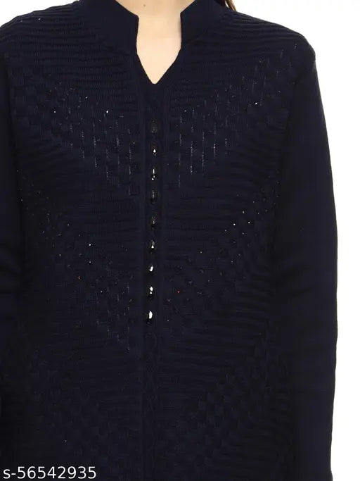 Navy blue woolen embroidered straight kurti